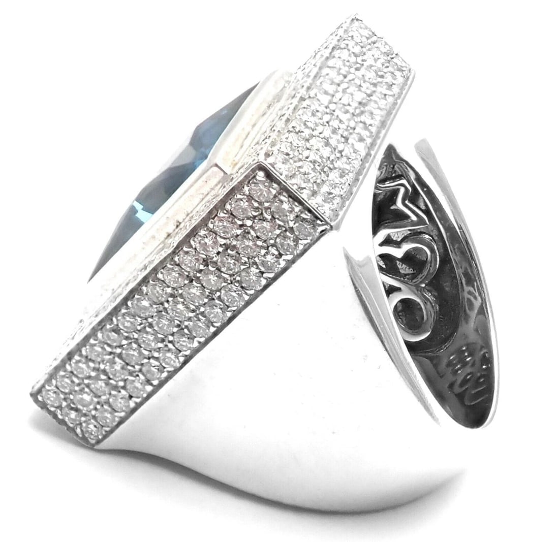 Authentic! Pasquale Bruni 18k White Gold Diamond London Blue Topaz Large Ring - 7