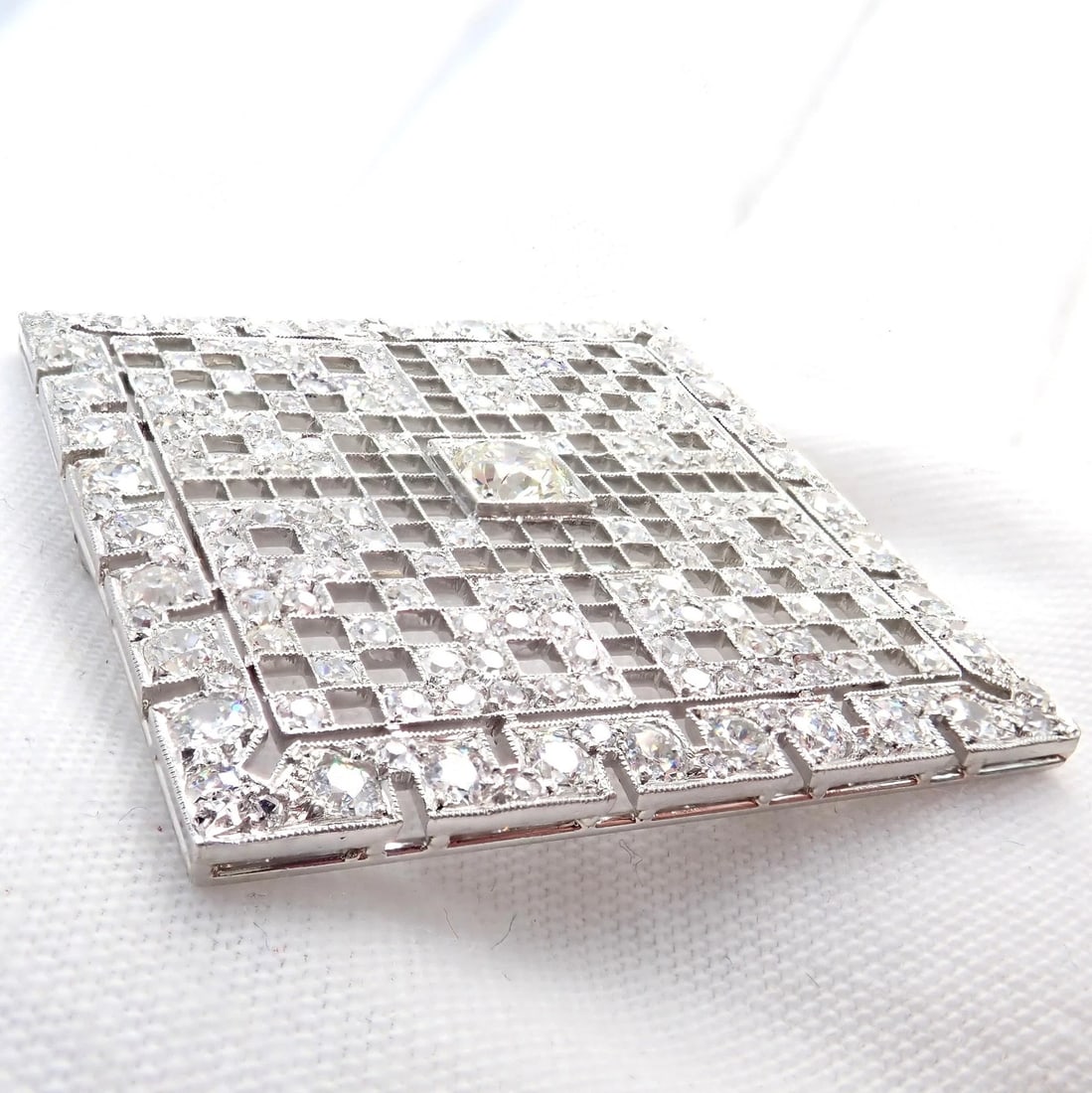 Vintage Estate Art Deco Platinum 5ctw Diamond Square Pin Brooch - 7