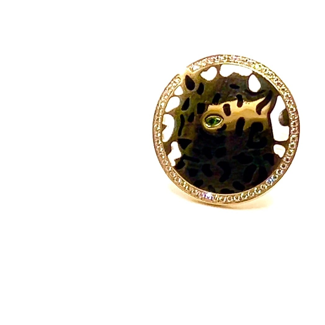 Authentic! Cartier Panther 18k Yellow Gold Diamond Lacquer Tsavorite Ring - 2