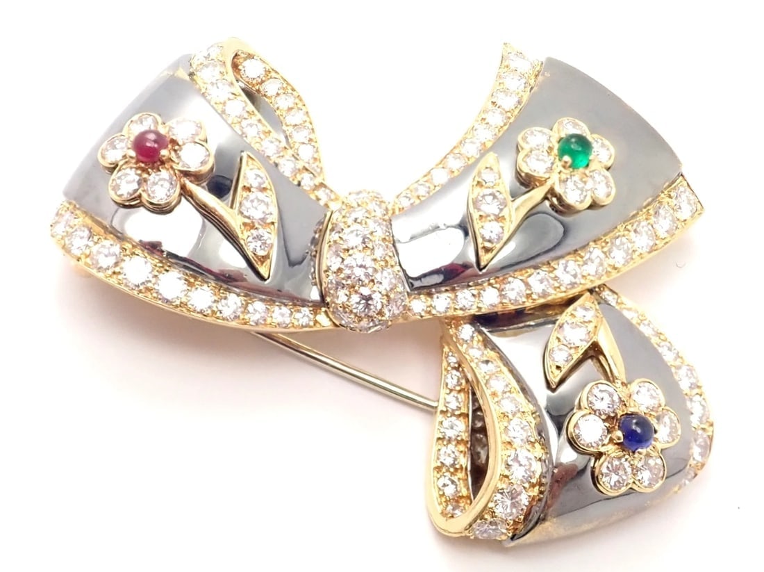 Rare Van Cleef & Arpels 18k Gold Diamond Ruby Emerald Sapphire Flower Pin Brooch - 7