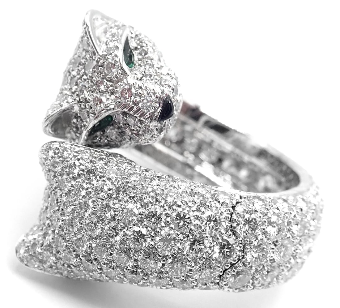 Authentic! Cartier Double Panther Panthere Lakarda 18k Gold Diamond Emerald Ring - 3