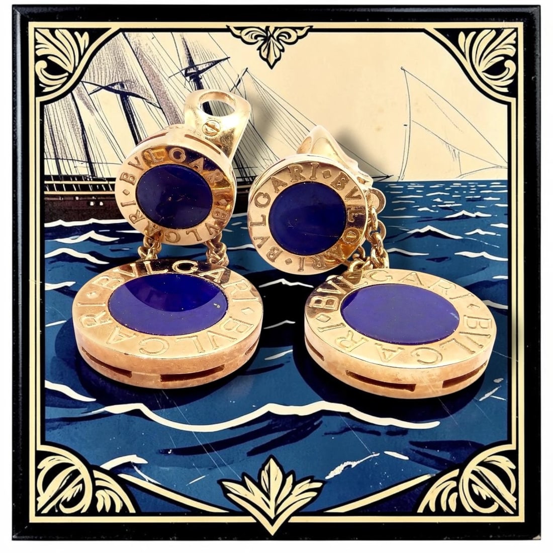 Rare! Authentic Bvlgari Bulgari 18k Yellow Gold Lapis Disc Double Logo Earrings - 2
