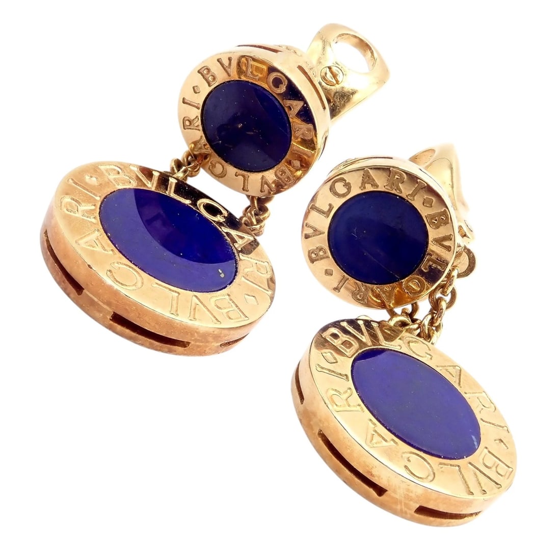 Rare! Authentic Bvlgari Bulgari 18k Yellow Gold Lapis Disc Double Logo Earrings - 7