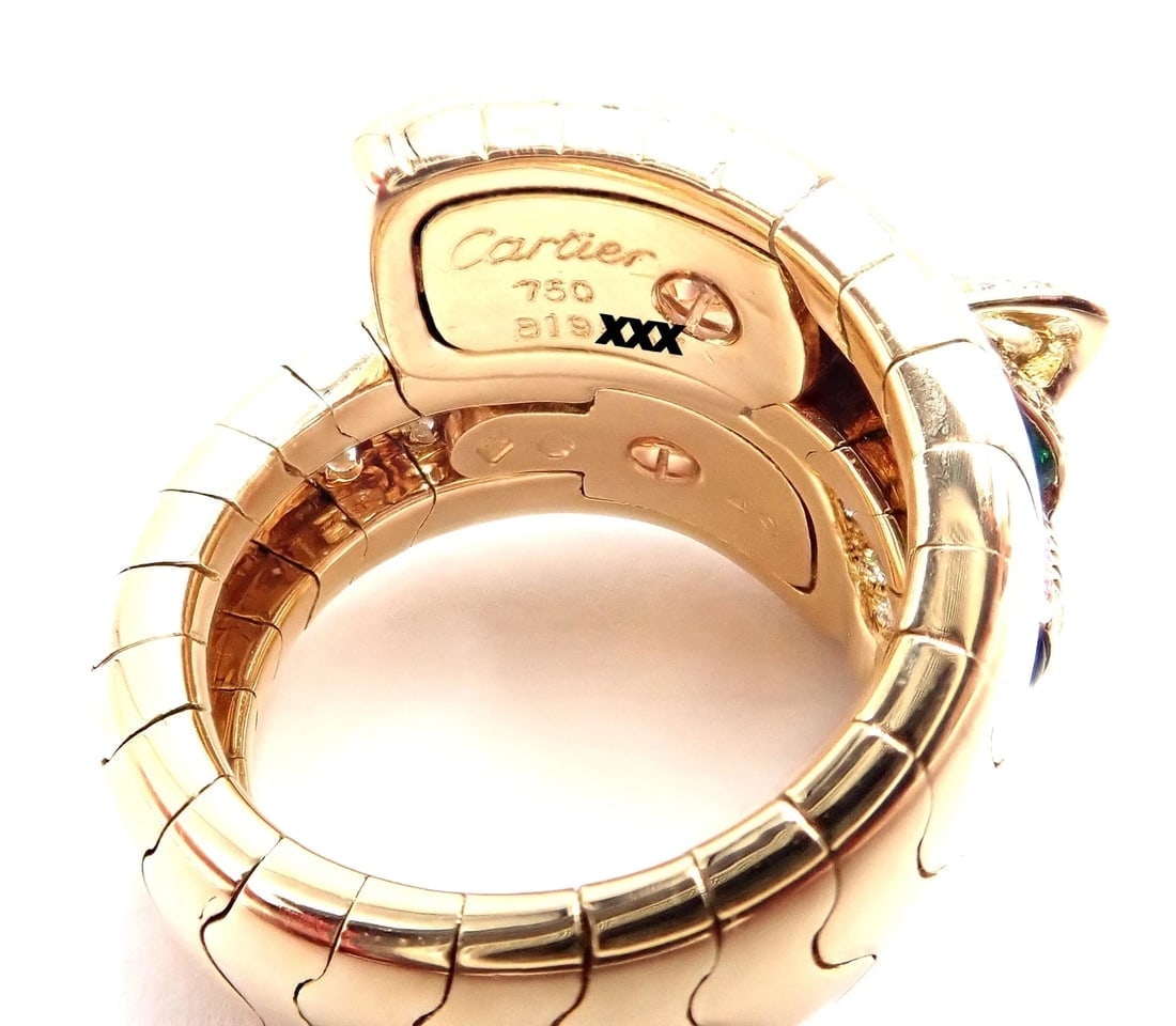 Authentic! Cartier Panther 18k Yellow Gold Diamond Emerald Onyx Band Ring - 7