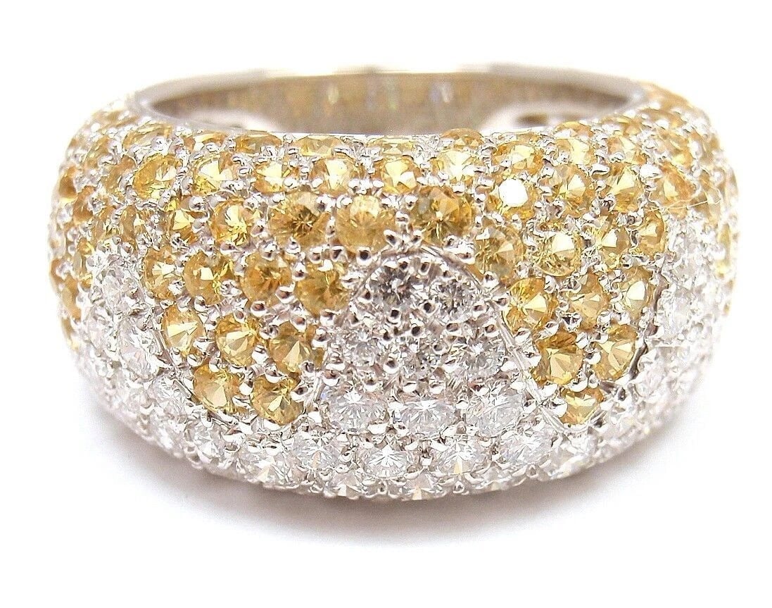 Authentic! Chopard 18k White Gold Yellow Sapphire Diamond Wave Wide Band Ring - 2