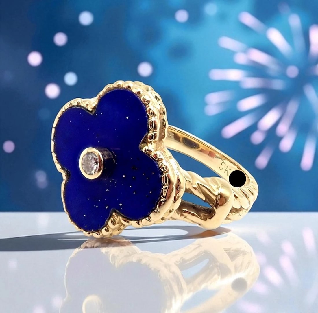 Van Cleef & Arpels Alhambra 18k Yellow Gold Lapis Lazuli Diamond Ring Sz 4 - 2