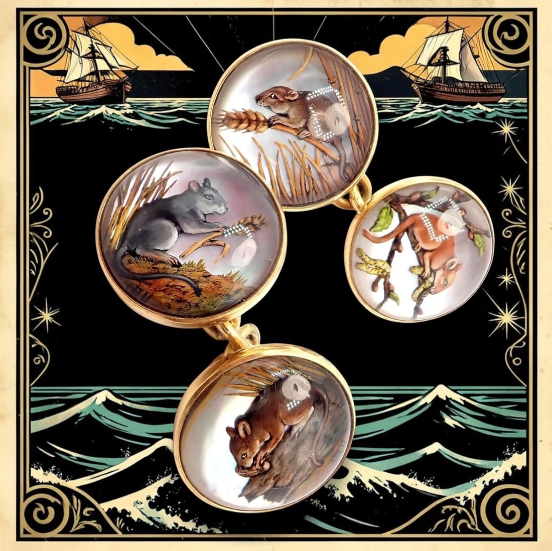 Vintage Tiffany & Co 18k Yellow Gold Essex Reverse Intaglio Field Mice Cufflinks - 2
