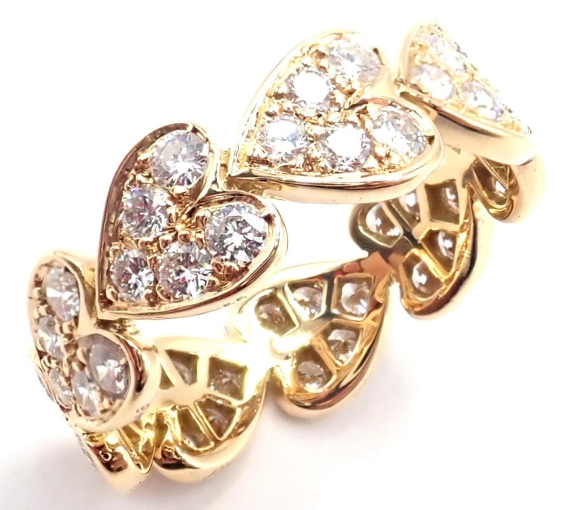 Authentic! Cartier 18k Yellow Gold Diamond Heart Eternity Band Ring Size 7.25 - 4