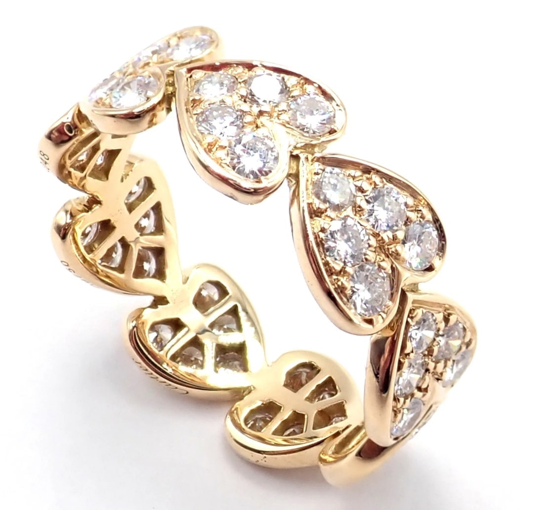Authentic! Cartier 18k Yellow Gold Diamond Heart Eternity Band Ring Size 7.25 - 5