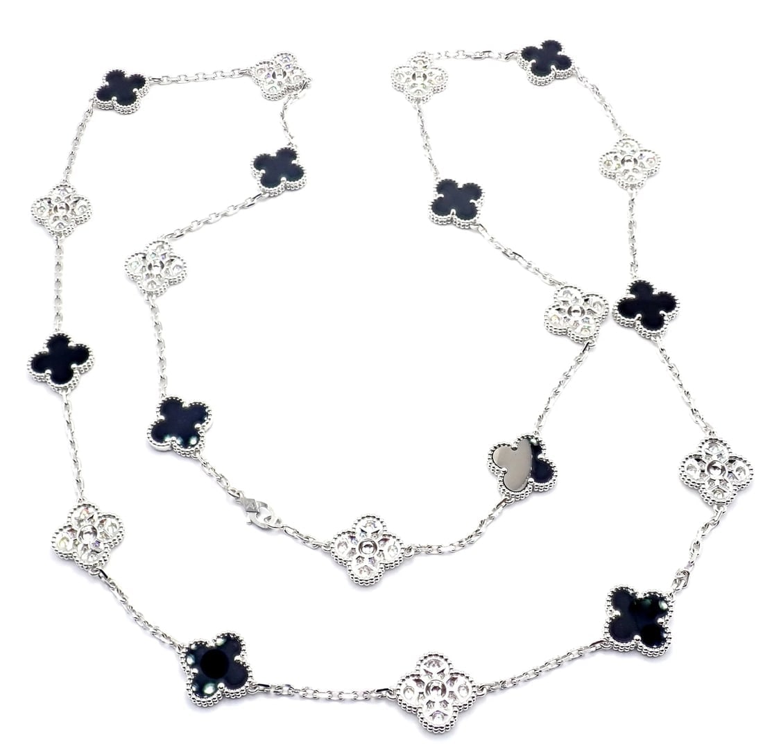 Van Cleef & Arpels 18k Gold 20 Motif Vintage Alhambra Diamond Onyx Necklace Cert - 4