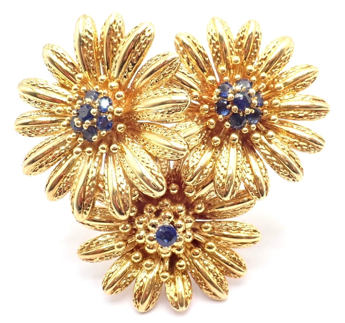 Vintage! Authentic Tiffany & Co. 18k Yellow Gold Sapphire Flower Pin Brooch - 8