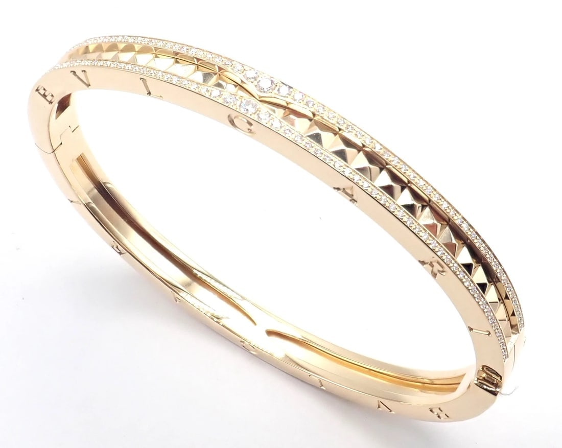 Authentic! Bulgari Bvlgari B.Zero1 Rock 18k Yellow Gold Diamond Bangle Bracelet - 7