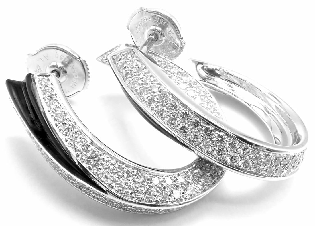 Authentic! Cartier Panthere 18k White Gold Diamond Onyx Hoop Earrings - 2