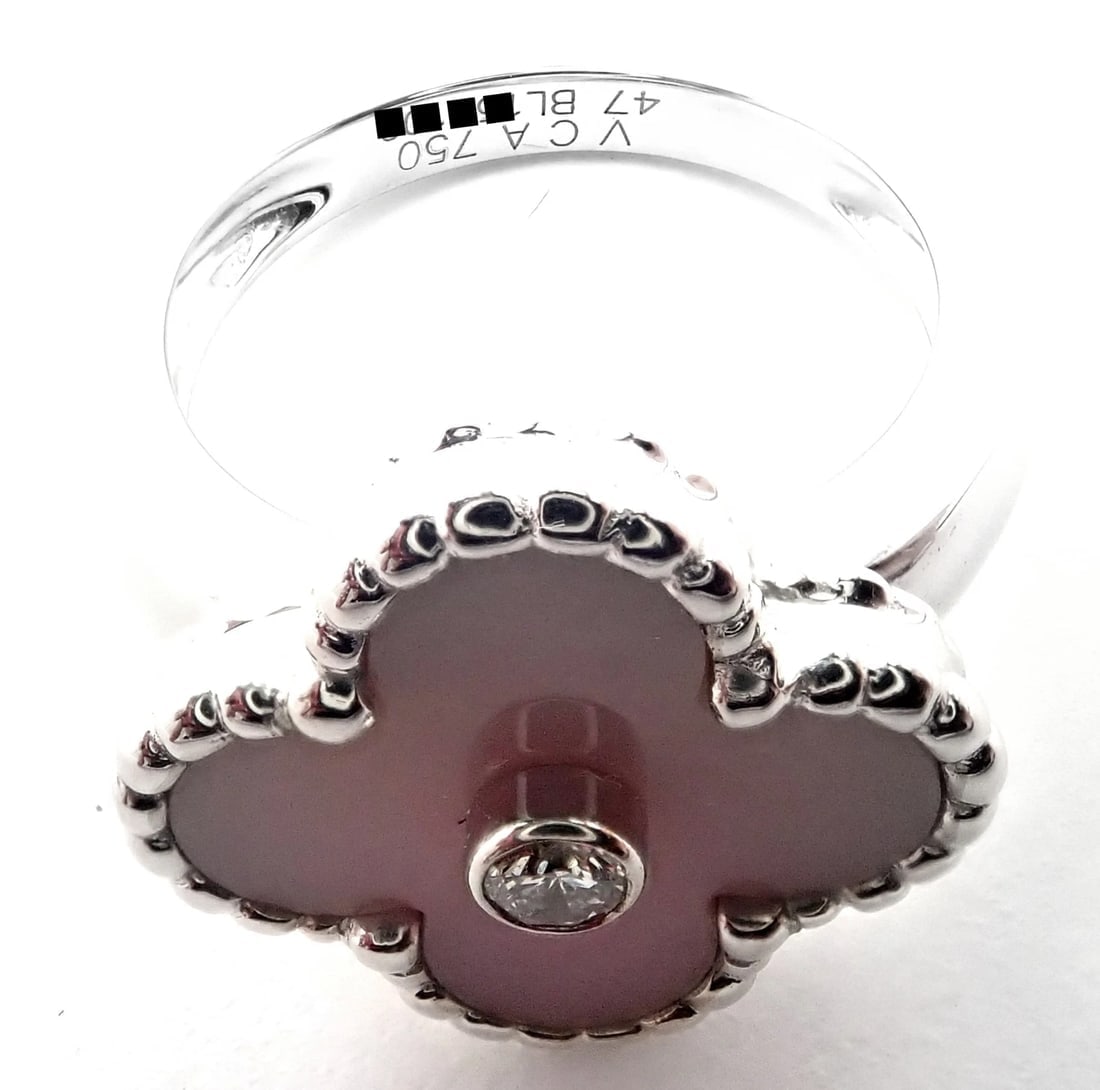 Authentic Van Cleef & Arpels Alhambra 18k White Gold Pink Opal Diamond Ring Cert - 6