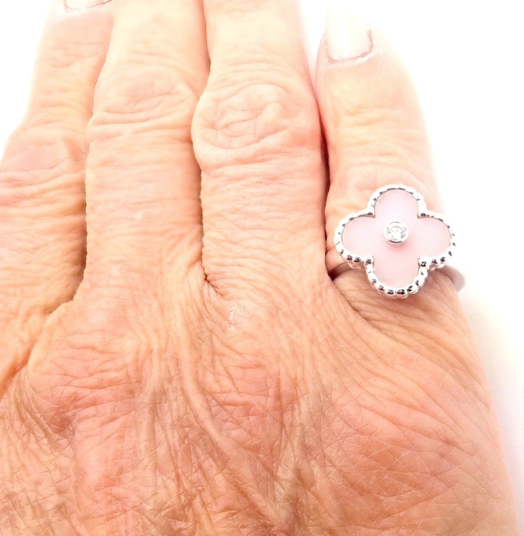 Authentic Van Cleef & Arpels Alhambra 18k White Gold Pink Opal Diamond Ring Cert - 8