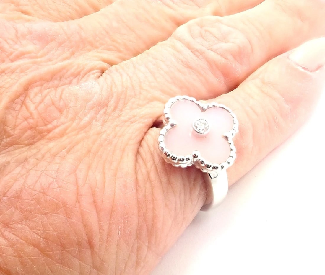 Authentic Van Cleef & Arpels Alhambra 18k White Gold Pink Opal Diamond Ring Cert - 9