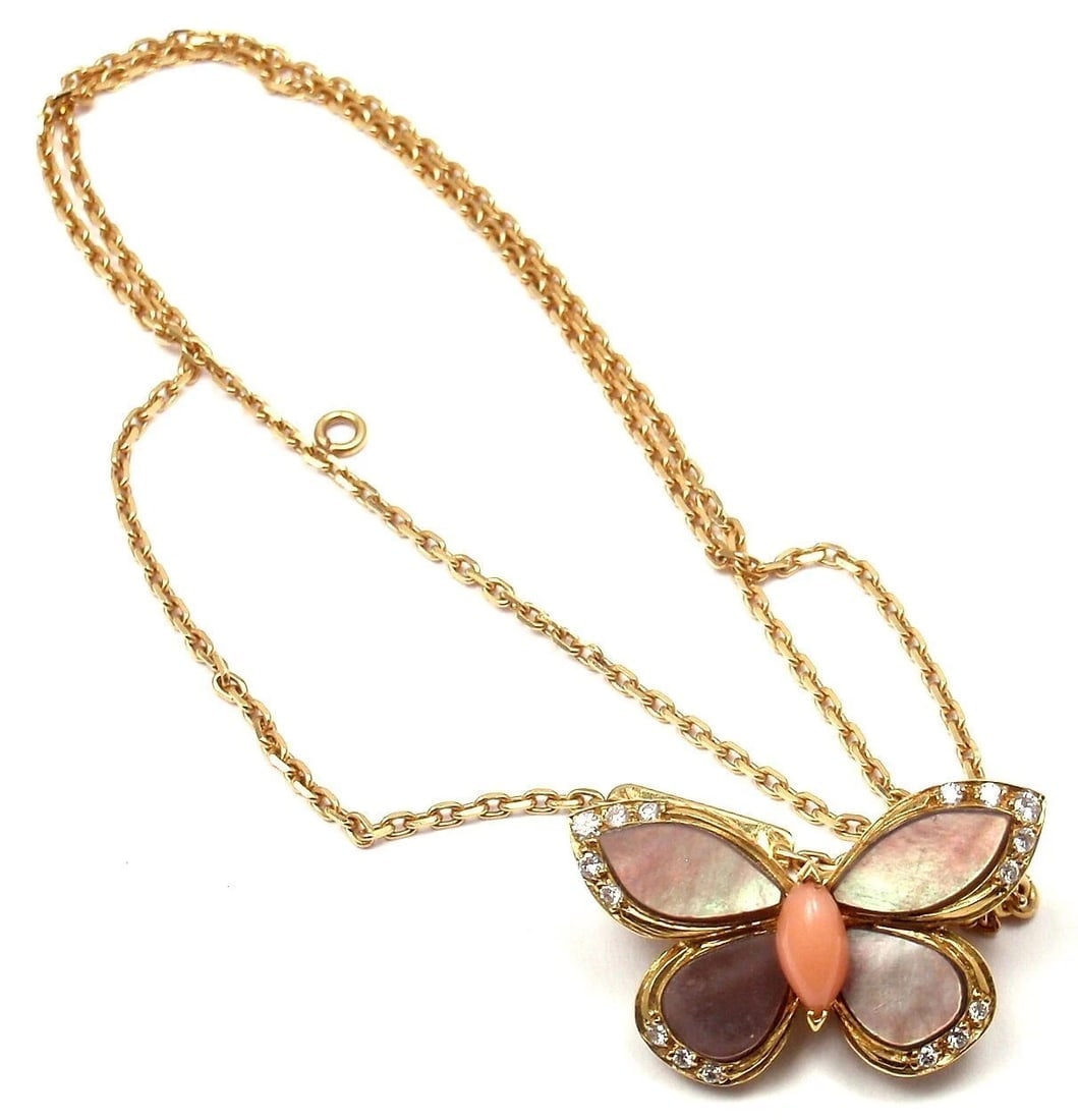 VAN CLEEF & ARPELS 18k Yellow Gold Diamond MOP Coral Butterfly Brooch Necklace - 2