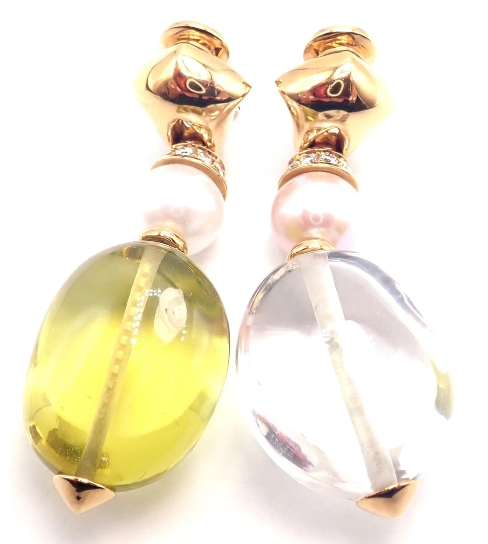 Authentic! Bulgari Bvlgari 18k Gold Diamond Pearl Peridot Crystal Drop Earrings - 3