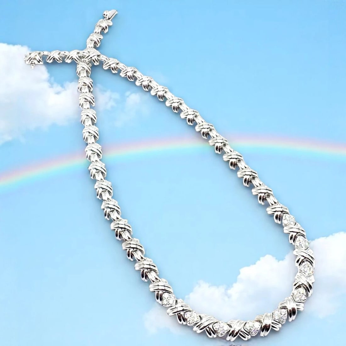 Authentic! Tiffany & Co 18k White Gold Diamond Cluster Signature X Link Necklace - 2
