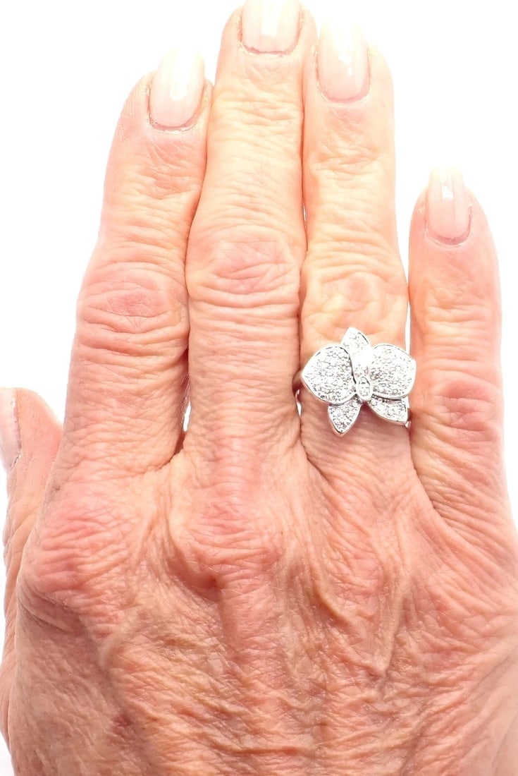 Authentic! Cartier Caresse D'orchidées Orchid Flower 18k White Gold Diamond Ring - 7