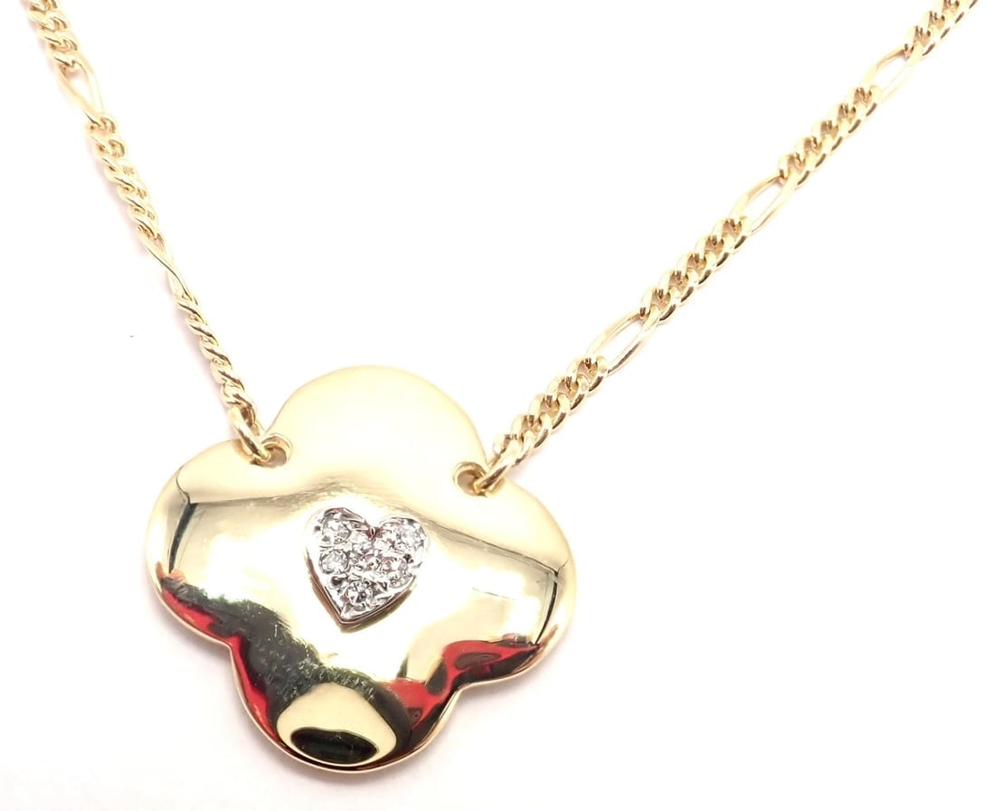 Authentic! Vintage Cartier 18k Yellow Gold Diamond Heart Clover Pendant Necklace - 2