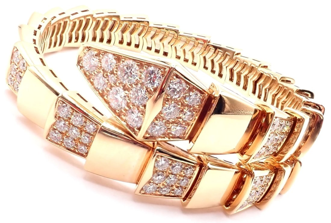 Authentic! Bulgari Bvlgari Serpenti Viper 18k Rose Gold Diamond Bangle Bracelet - 3