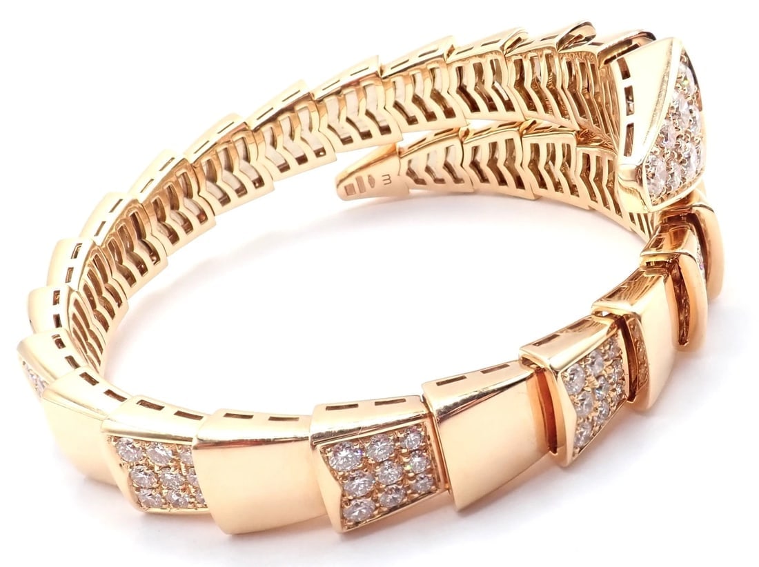 Authentic! Bulgari Bvlgari Serpenti Viper 18k Rose Gold Diamond Bangle Bracelet - 4