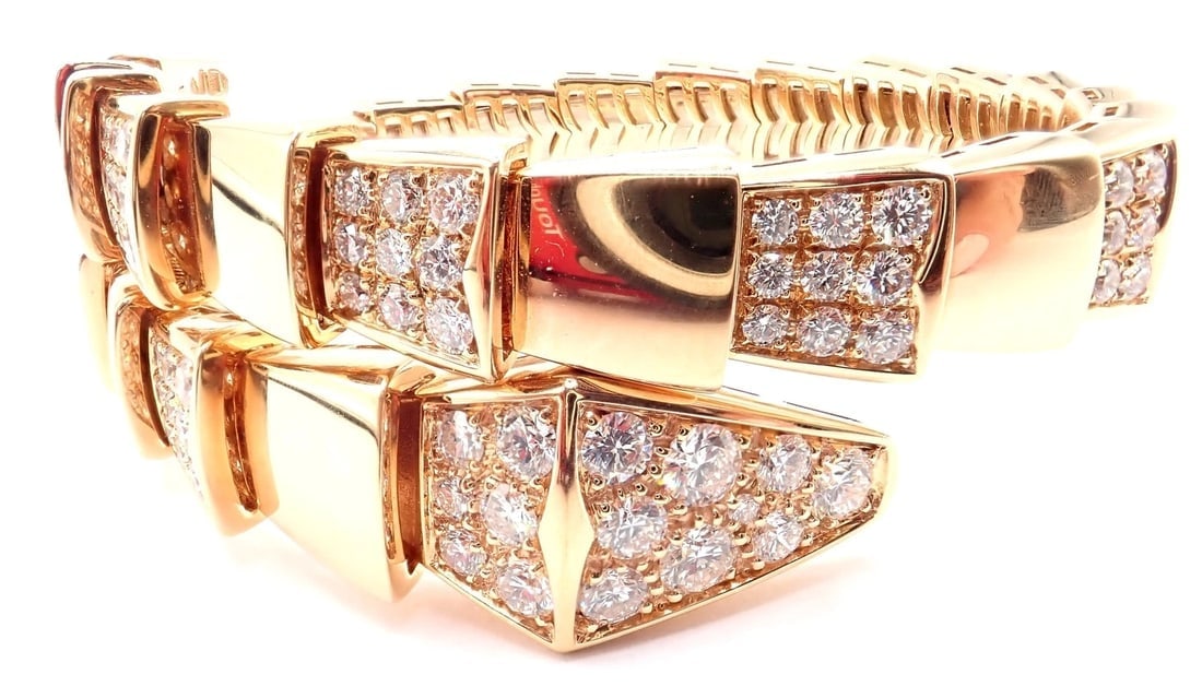 Authentic! Bulgari Bvlgari Serpenti Viper 18k Rose Gold Diamond Bangle Bracelet - 6