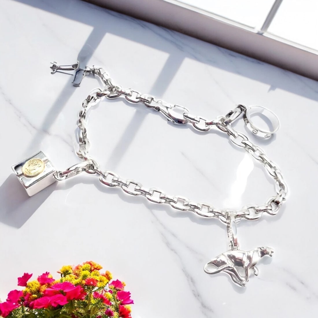 Authentic Cartier 18k White Gold 4 Charm Panther Airplane Love Box Link Bracelet - 2