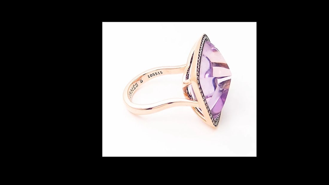 Rare! Authentic Hermes 18k Rose Gold Diamond Large Amethyst Ring - 2