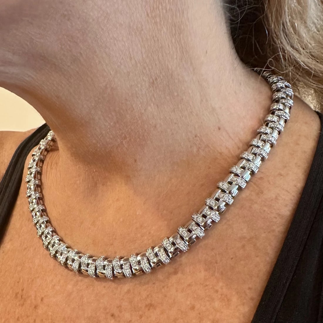 Authentic! Tiffany & Co Vannerie 18k White Gold Basket Weave Diamond Necklace - 9