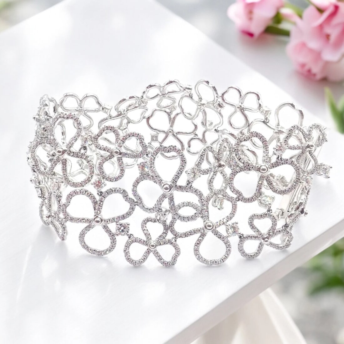 Authentic! Tiffany & Co Paper Flowers Platinum Diamond Wide Bracelet - 2
