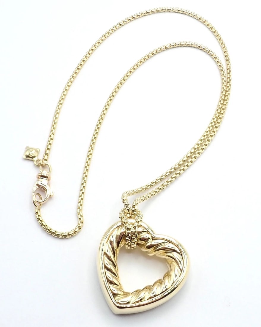 David Yurman Cable 18k Yellow Gold Diamond Large Heart Pendant Chain Necklace - 7