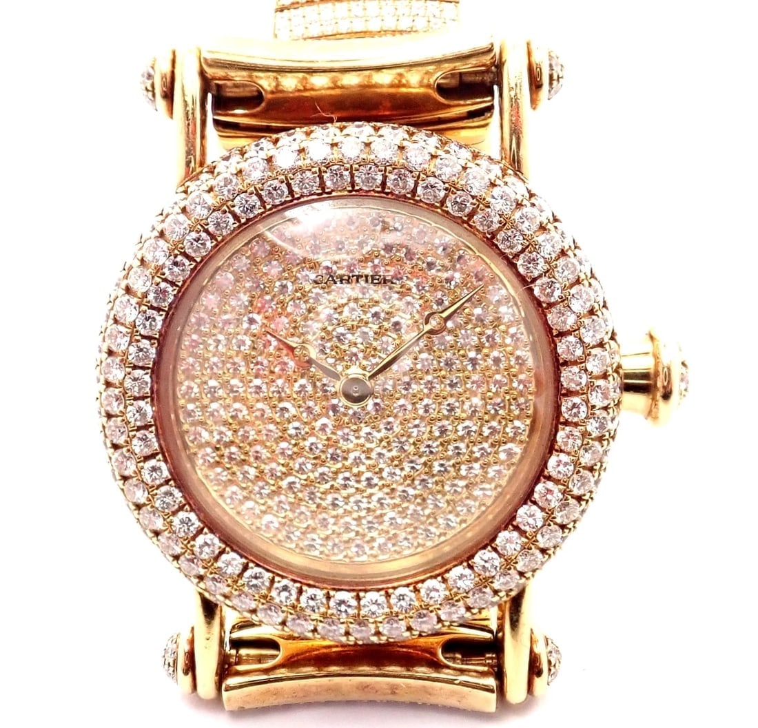 Authentic! Cartier Diabolo Pave 15ct Diamond 18k Yellow Gold Quartz Watch 1450 - 2