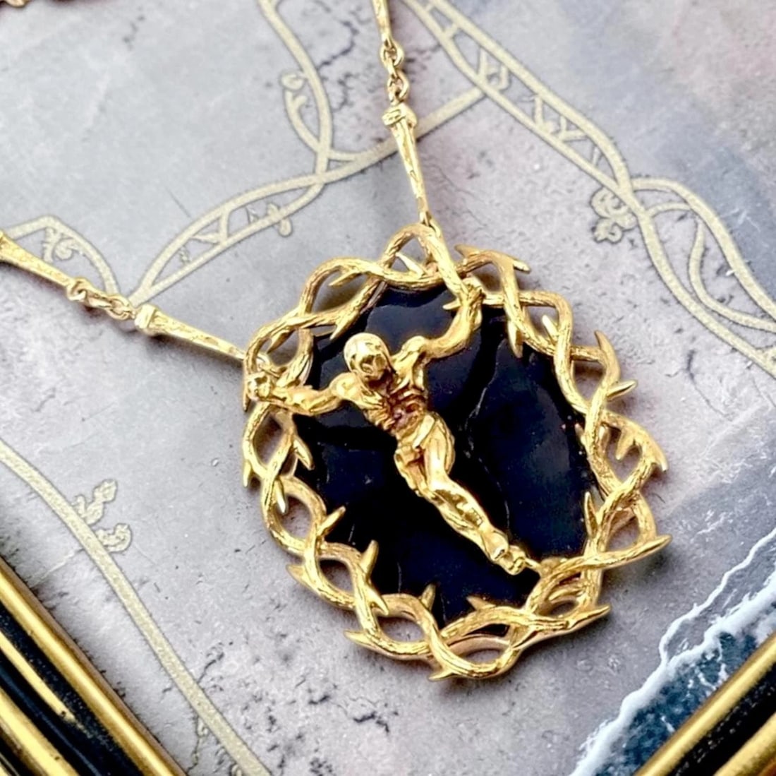 Salvador Dali 18k Gold Black Onyx Christ Saint John Cross Bracelet Necklace Cert - 2