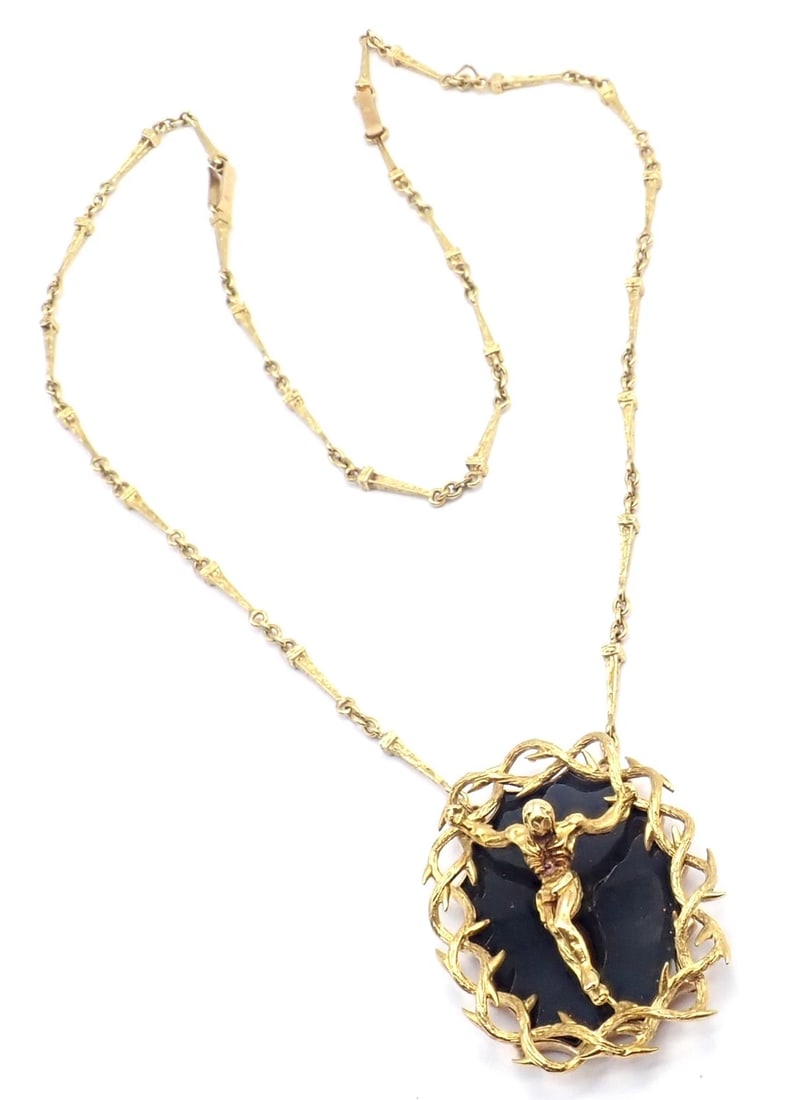 Salvador Dali 18k Gold Black Onyx Christ Saint John Cross Bracelet Necklace Cert - 3