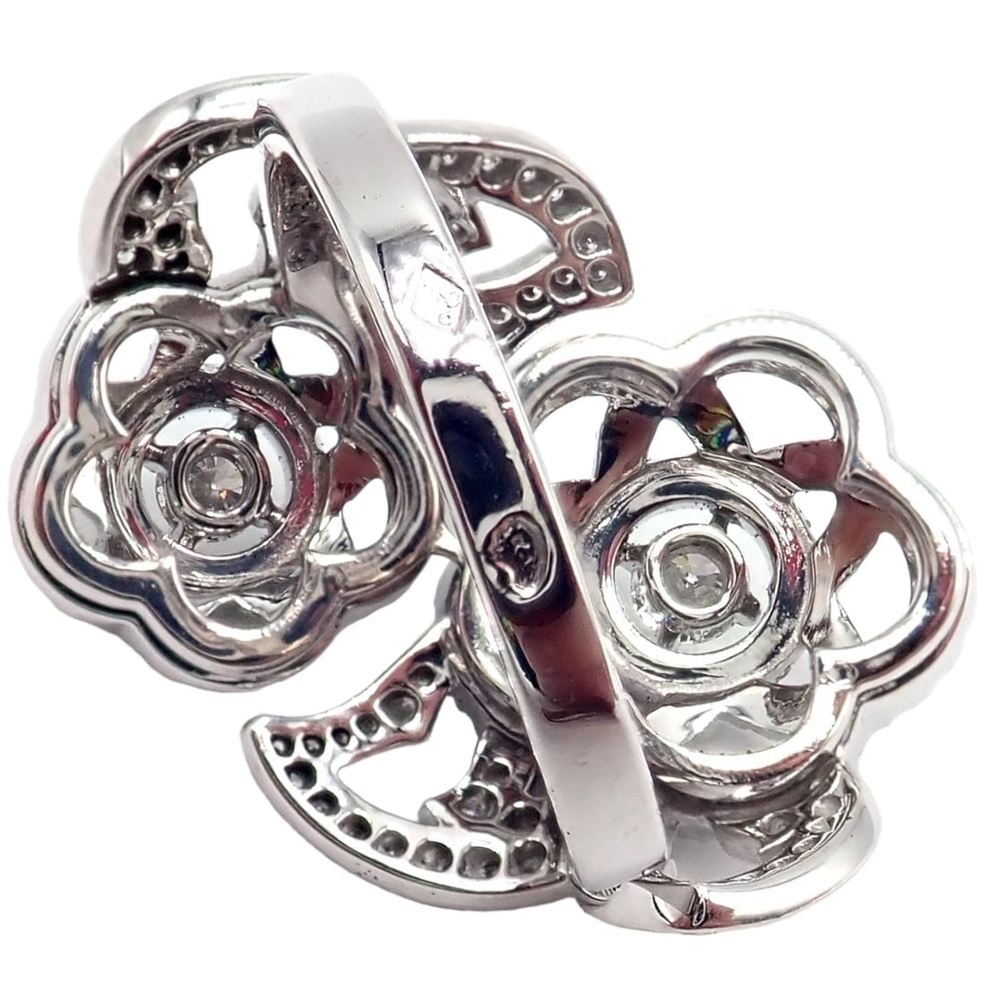 Authentic! Chanel Camellia Two Flower 18k White Gold Diamond Ring - 4