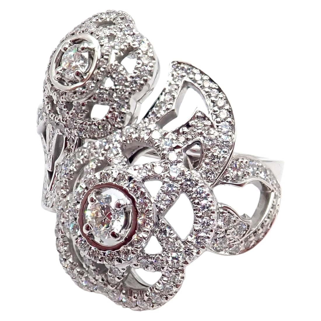 Authentic! Chanel Camellia Two Flower 18k White Gold Diamond Ring - 5