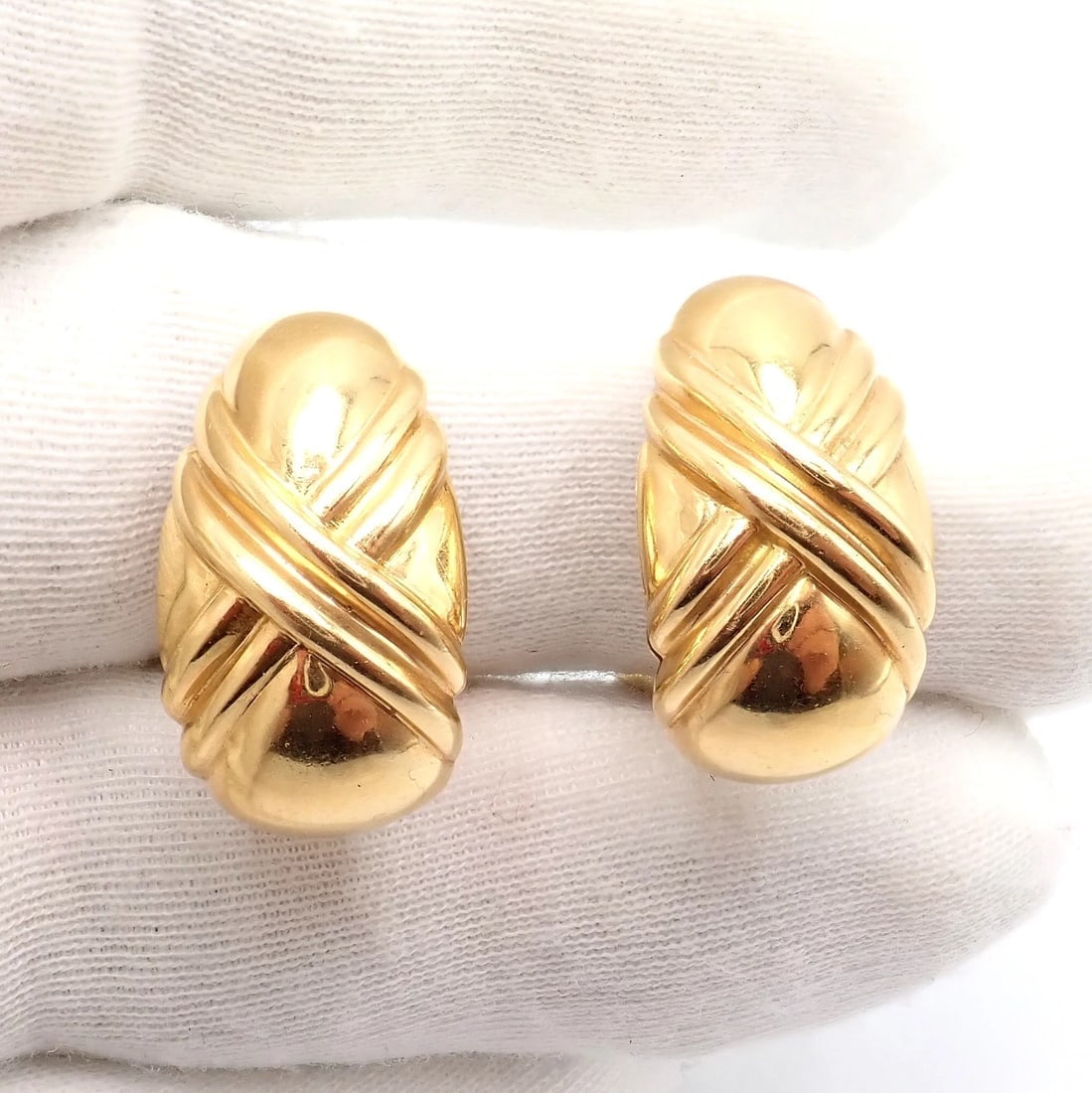 Authentic! Vintage Bulgari Bvlgari 18k Yellow Gold Roma Double X Huggie Earrings - 7