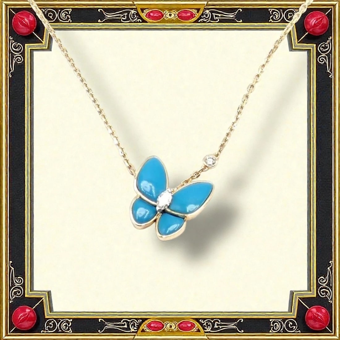 Van Cleef & Arpels 18k Gold Diamond Turquoise Butterfly Pendant Necklace Cert. - 2