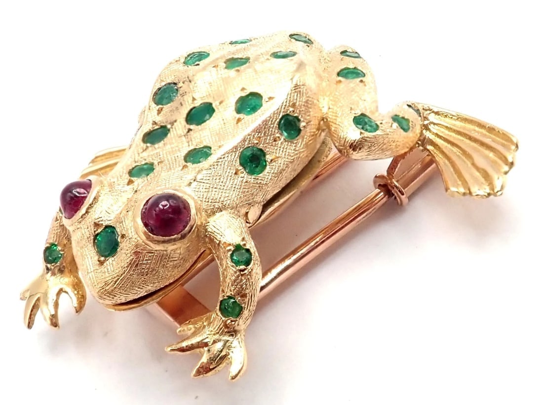 Vintage! Tiffany & Co. France 20k Yellow Gold Ruby Emerald Frog Pin Brooch - 4