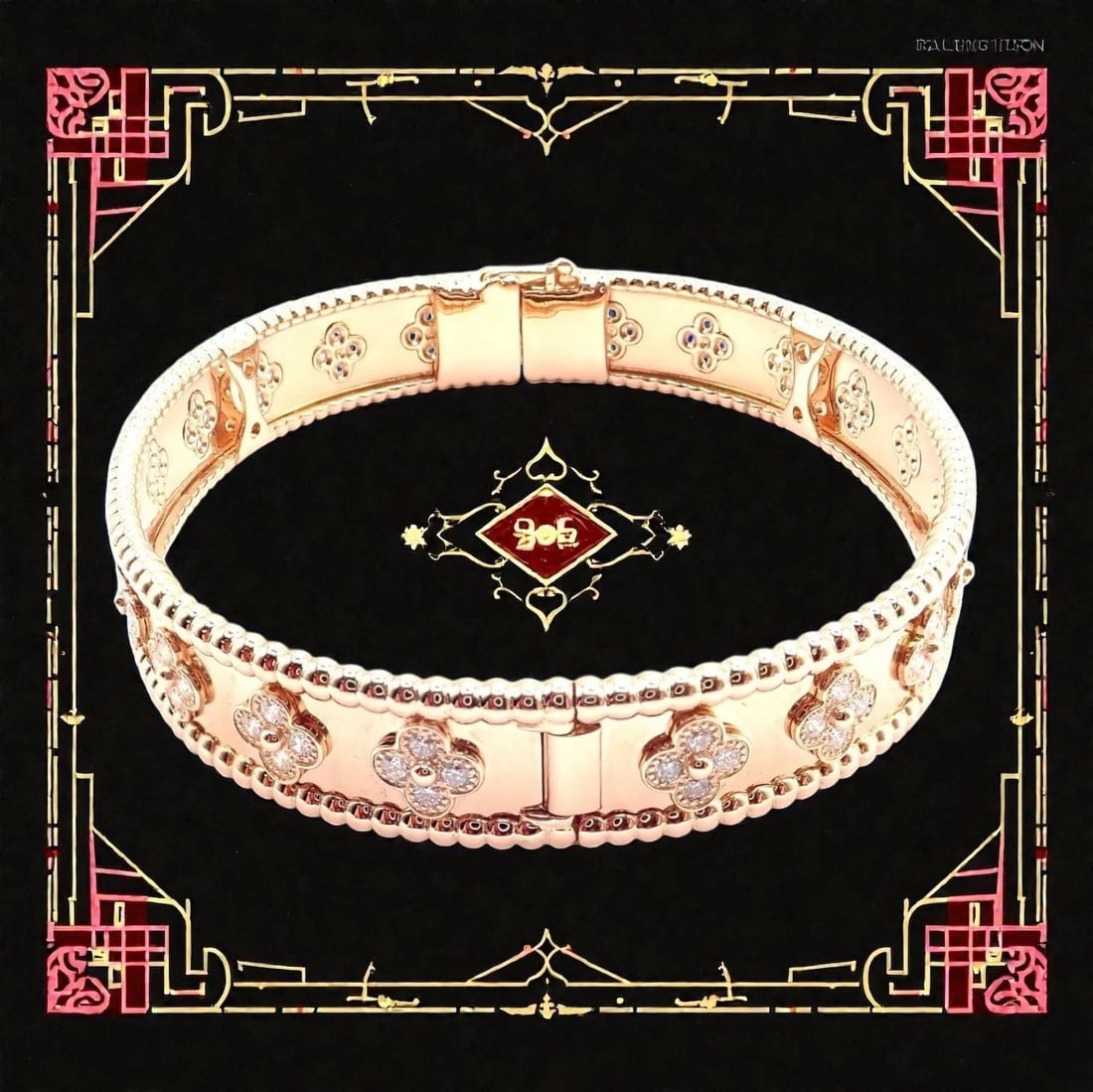 Authentic! Van Cleef & Arpels 18k Rose Gold Diamond Clovers Bangle Bracelet - 2