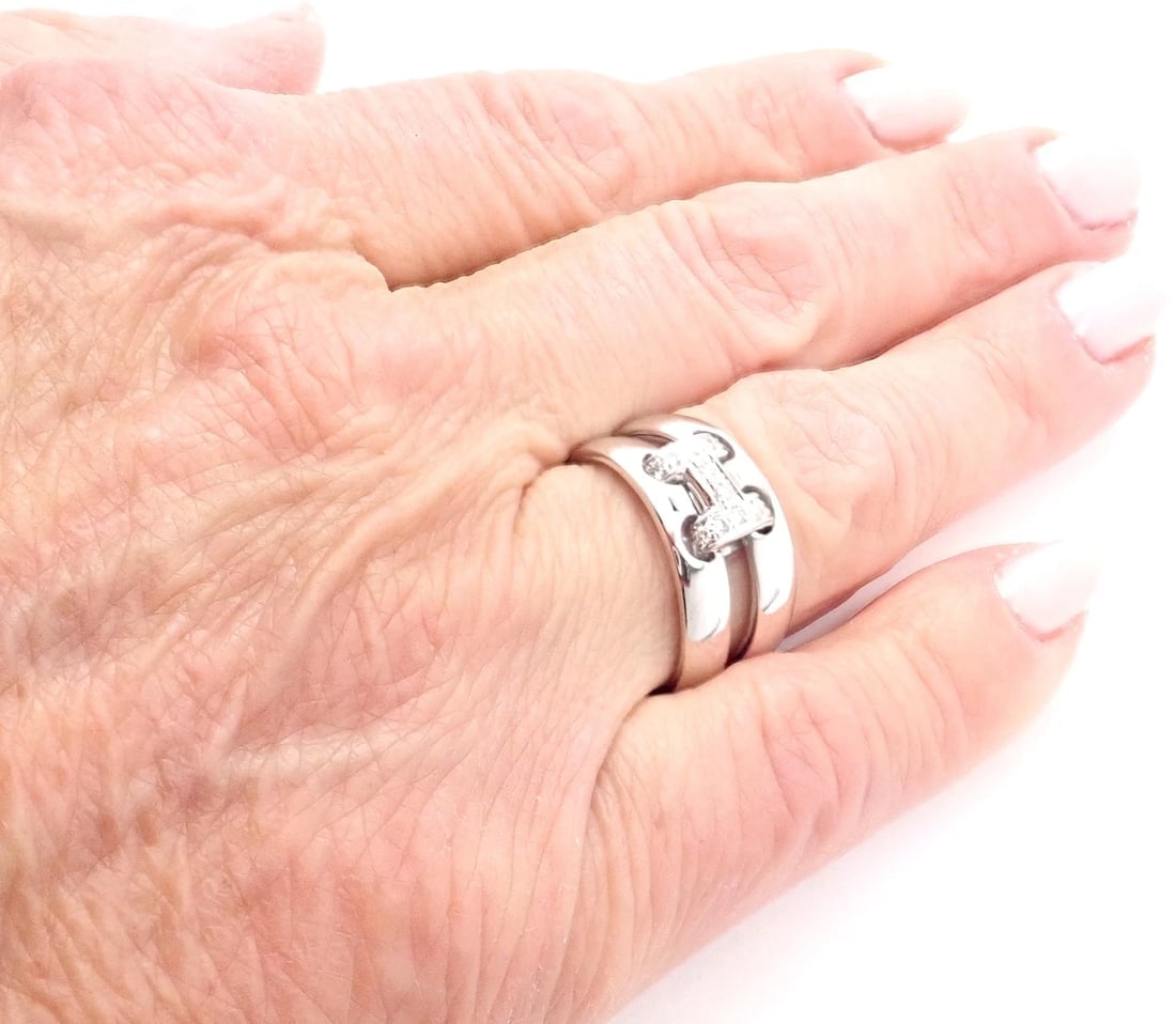 Authentic! Hermes 18k White Gold Diamond H Double Band Flex Band Ring - 7