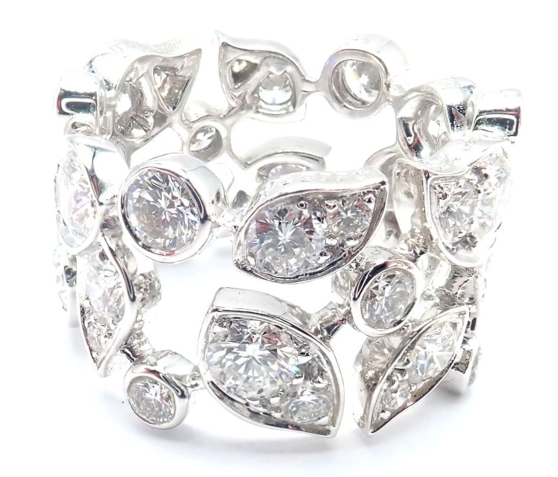 Authentic! Cartier 18k White Gold Diamond Leaf Wide Band Ring Size 53 - 3