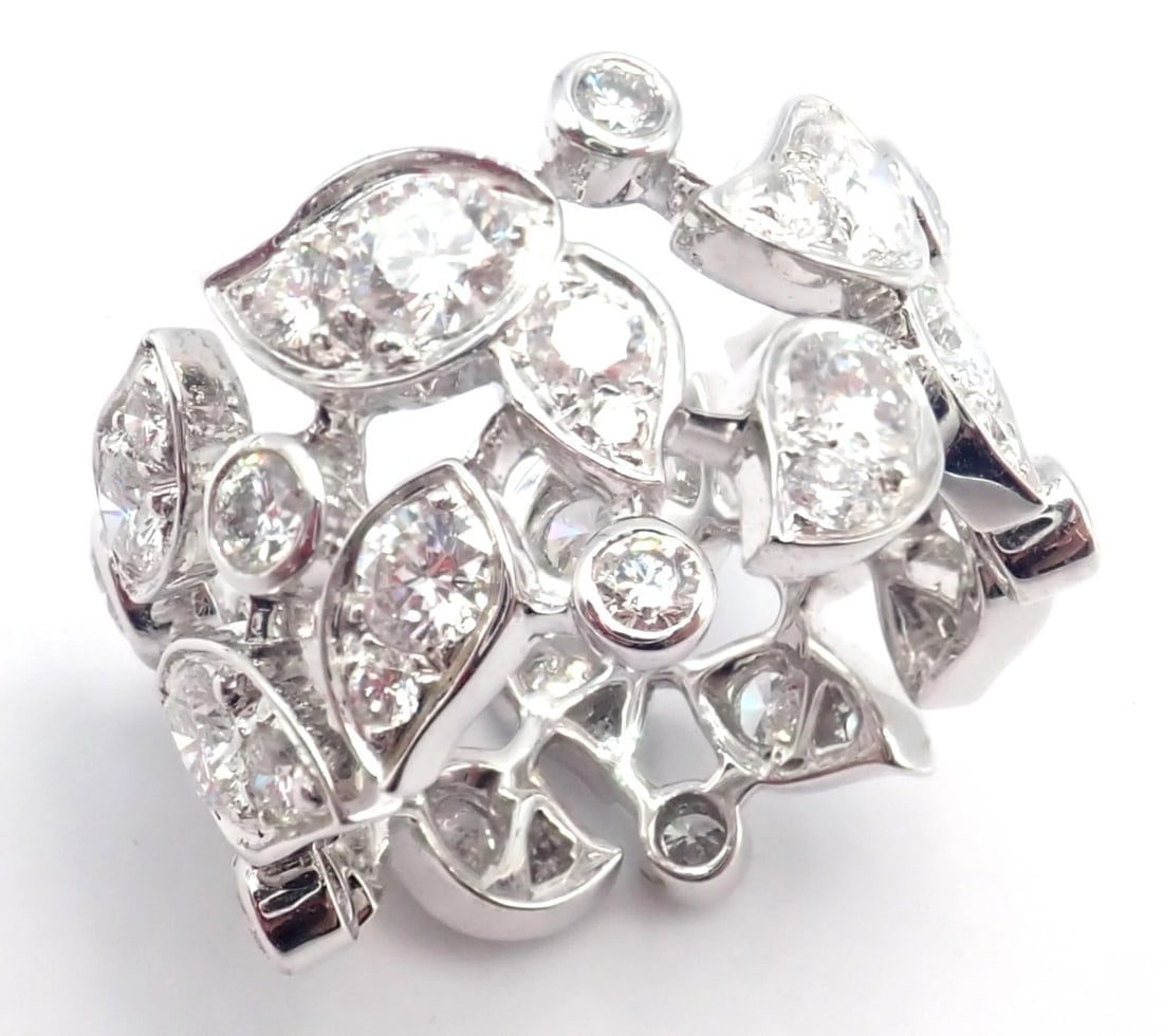 Authentic! Cartier 18k White Gold Diamond Leaf Wide Band Ring Size 53 - 5