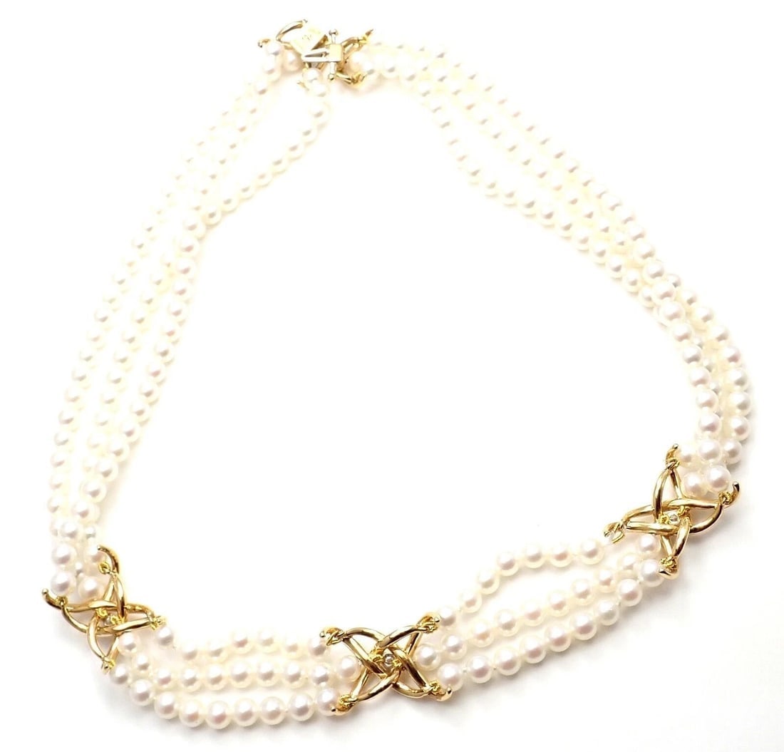 Authentic! Tiffany & Co 18k Yellow Gold Diamond 3 Strand Pearl Necklace - 7