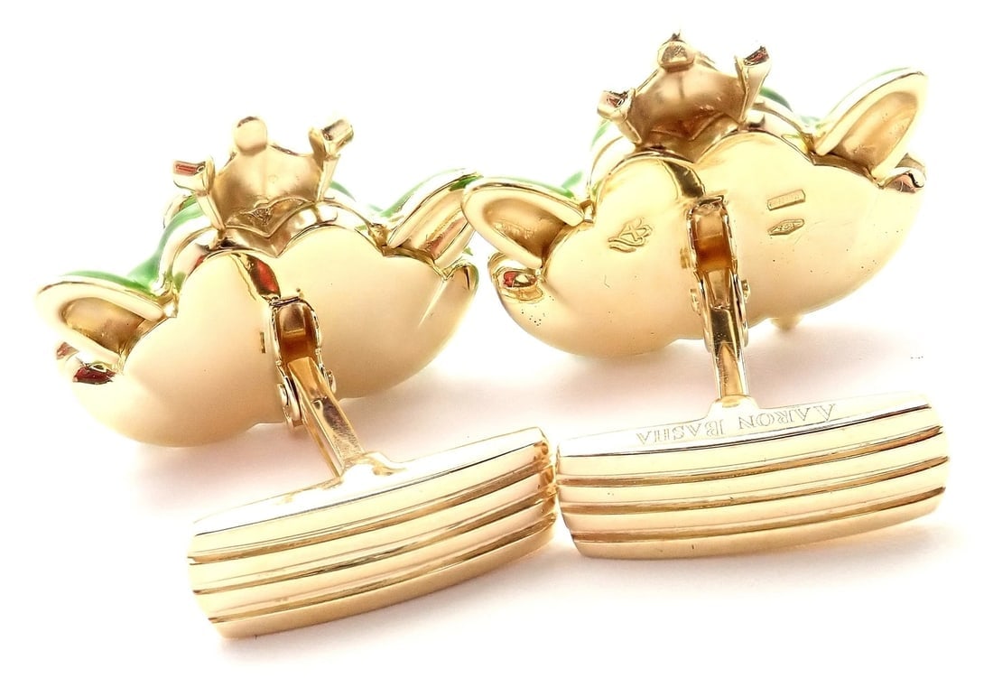 Authentic! Aaron Basha 18k Yellow Gold Diamond Enamel Frog Prince Cufflinks - 7