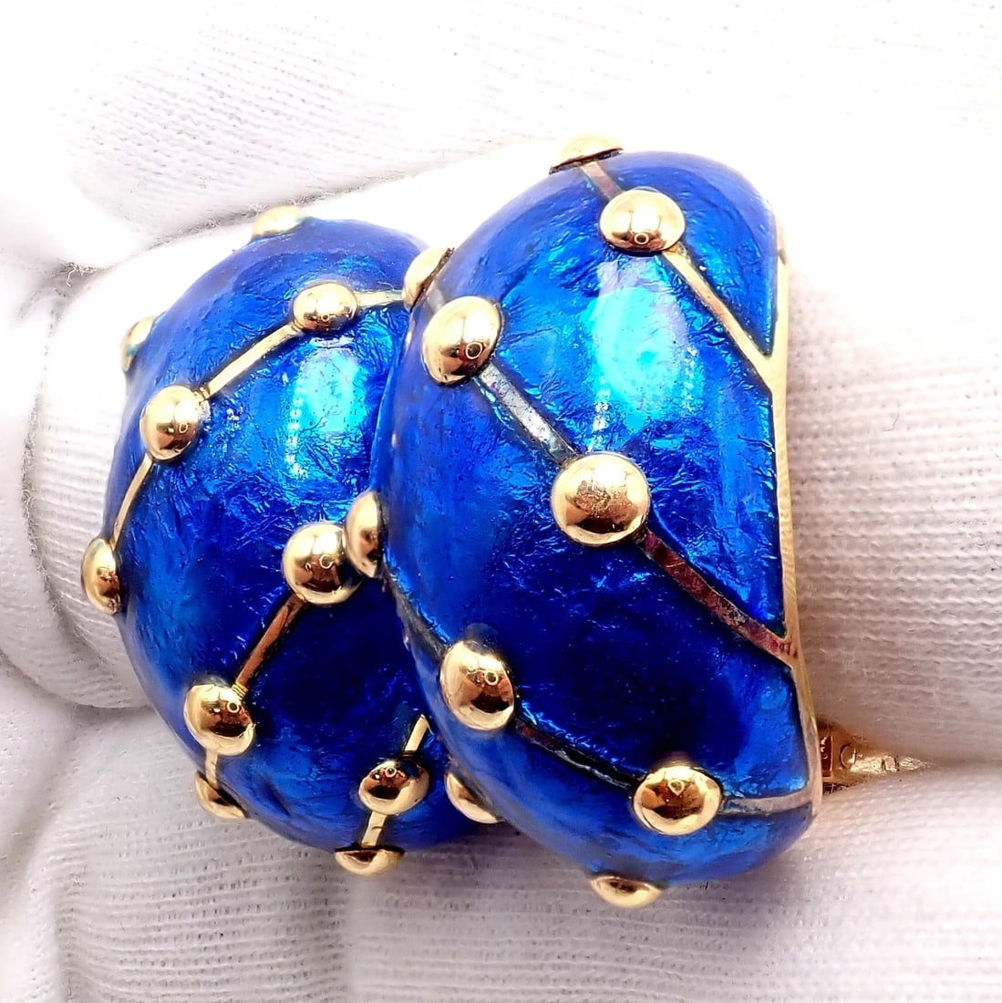 Rare Tiffany & Co Schlumberger 18k Yellow Gold Large Blue Enamel Banana Earrings - 7