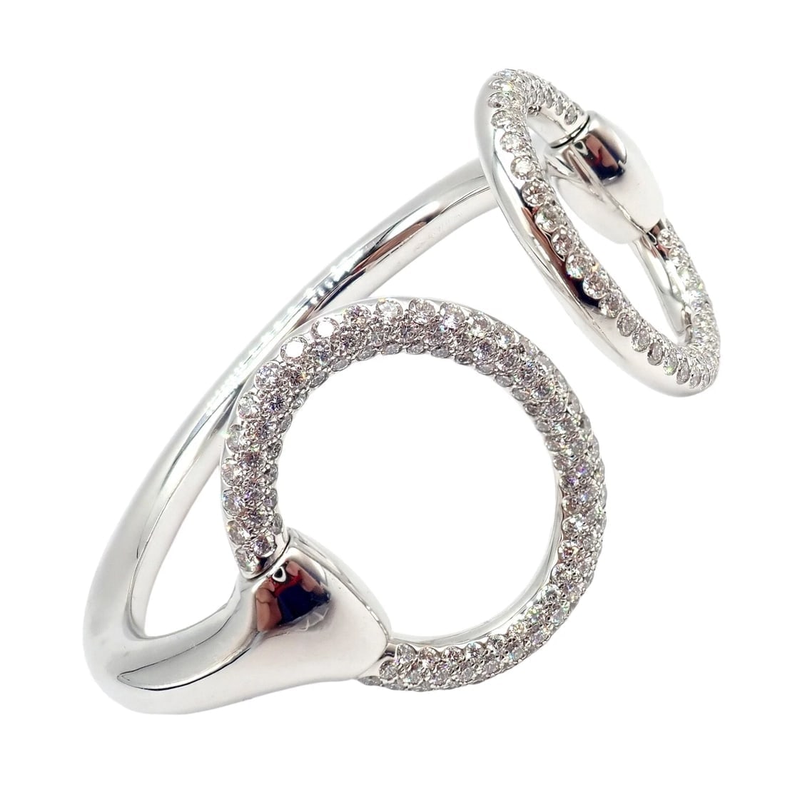 Authentic! Hermes Nausicaa 18K White Gold Diamond Horsebit Cuff Bangle Bracelet - 7