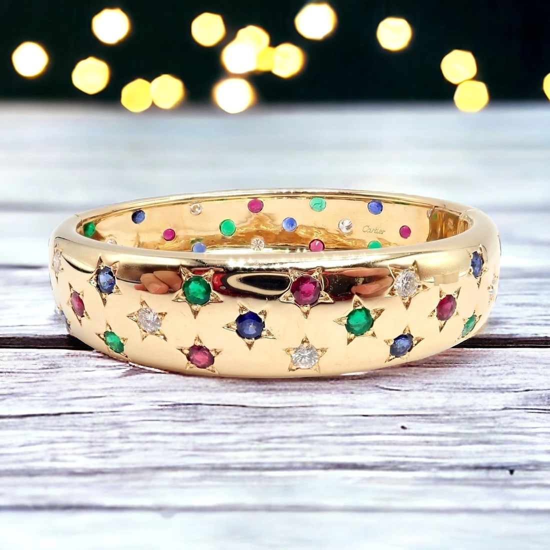 Cartier Star 18k Yellow Gold Diamond Ruby Emerald Sapphire Bangle Bracelet Cert. - 3
